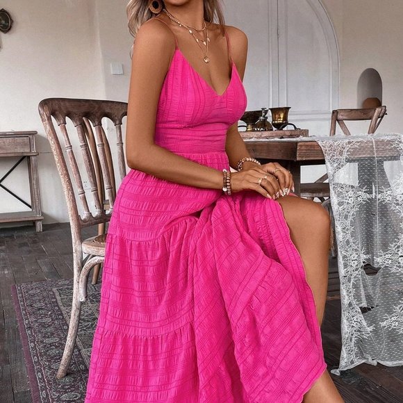 Pink Boho Ladies' Textured Long Slip Dress With Spaghetti Straps - Picture 2 of 6